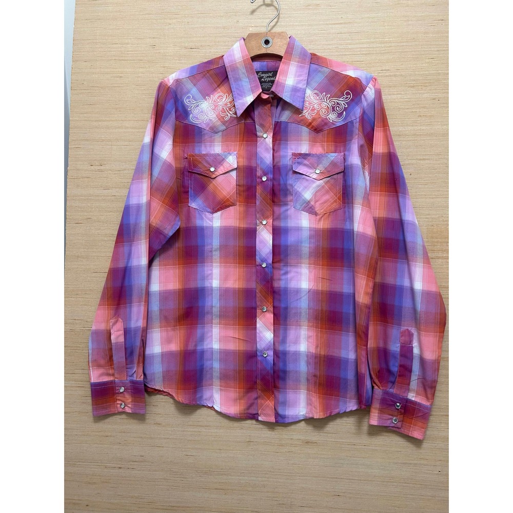 Cowgirl Legend Plaid Western Shirt Womens L Pink‎ Purple Embroidered Long Sleeve